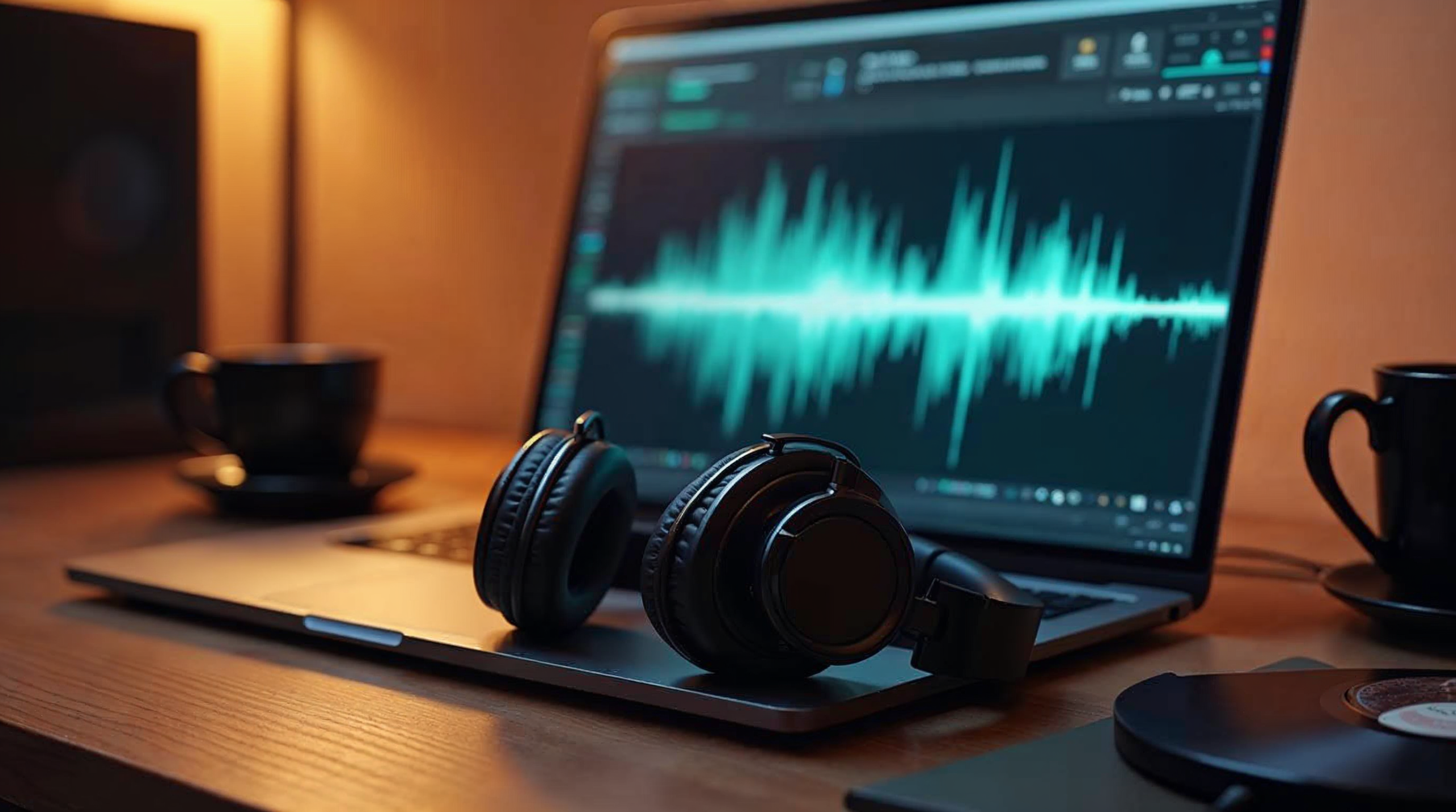 Casque audio pose sur un clavier d'ordinateur avec forme d'onde musicale floutee a l'ecran
