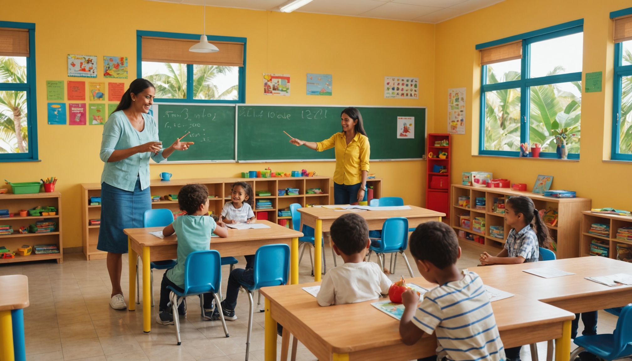 ATSEM accompagnant des enfants dans une classe de maternelle à La Réunion