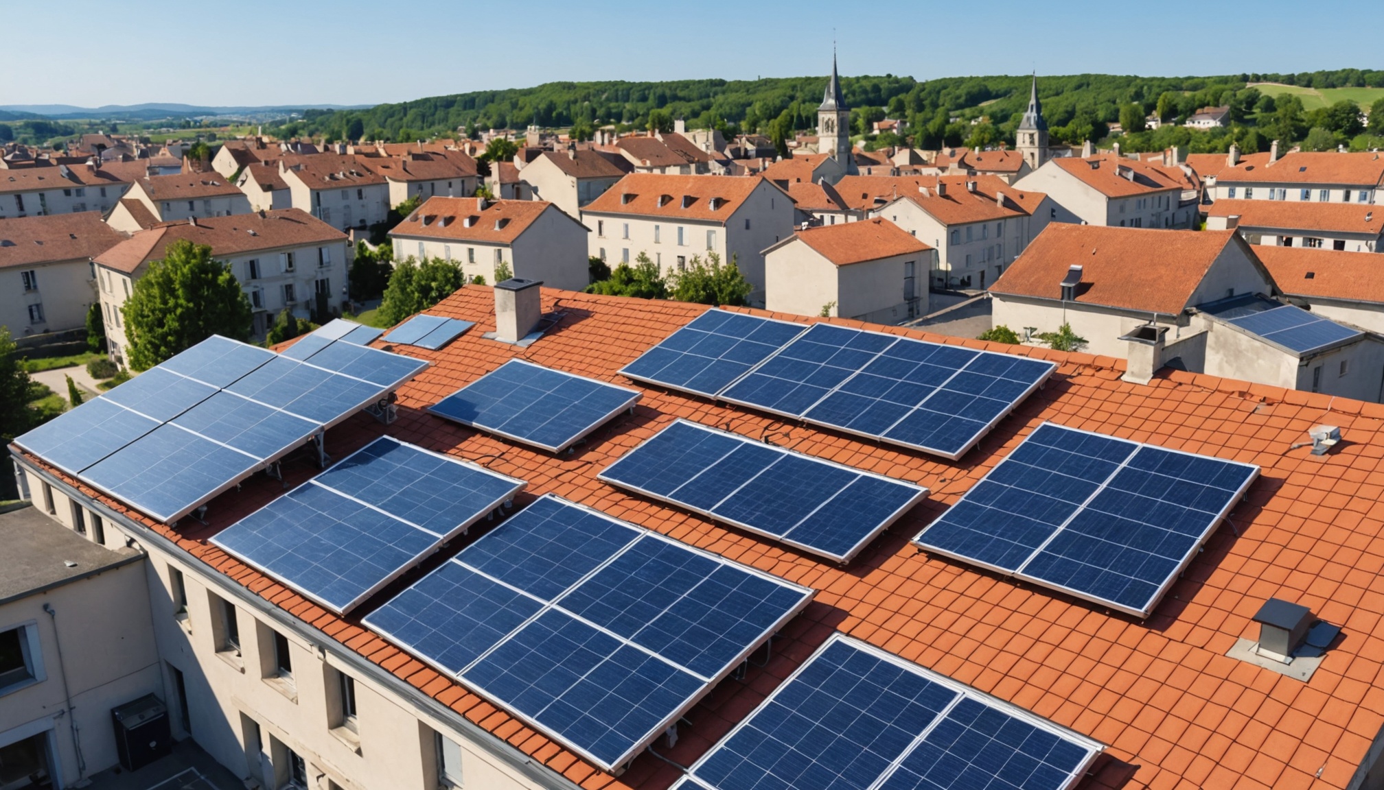 Panneaux photovoltaïques sur des toitures dans une commune française illustrant une communauté d'énergie locale