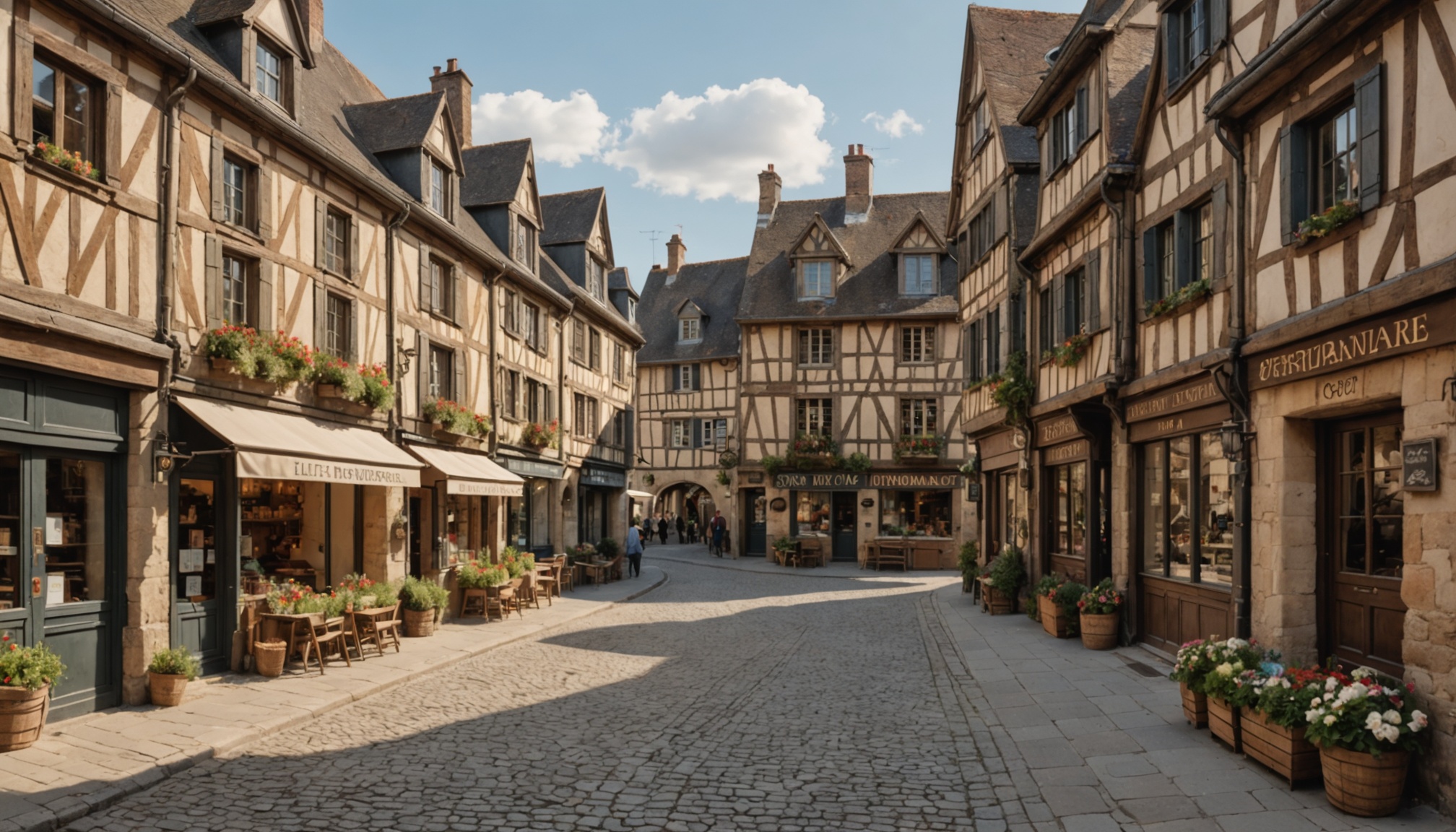 Devantures de commerces rénovées dans une rue de centre-ville en Normandie