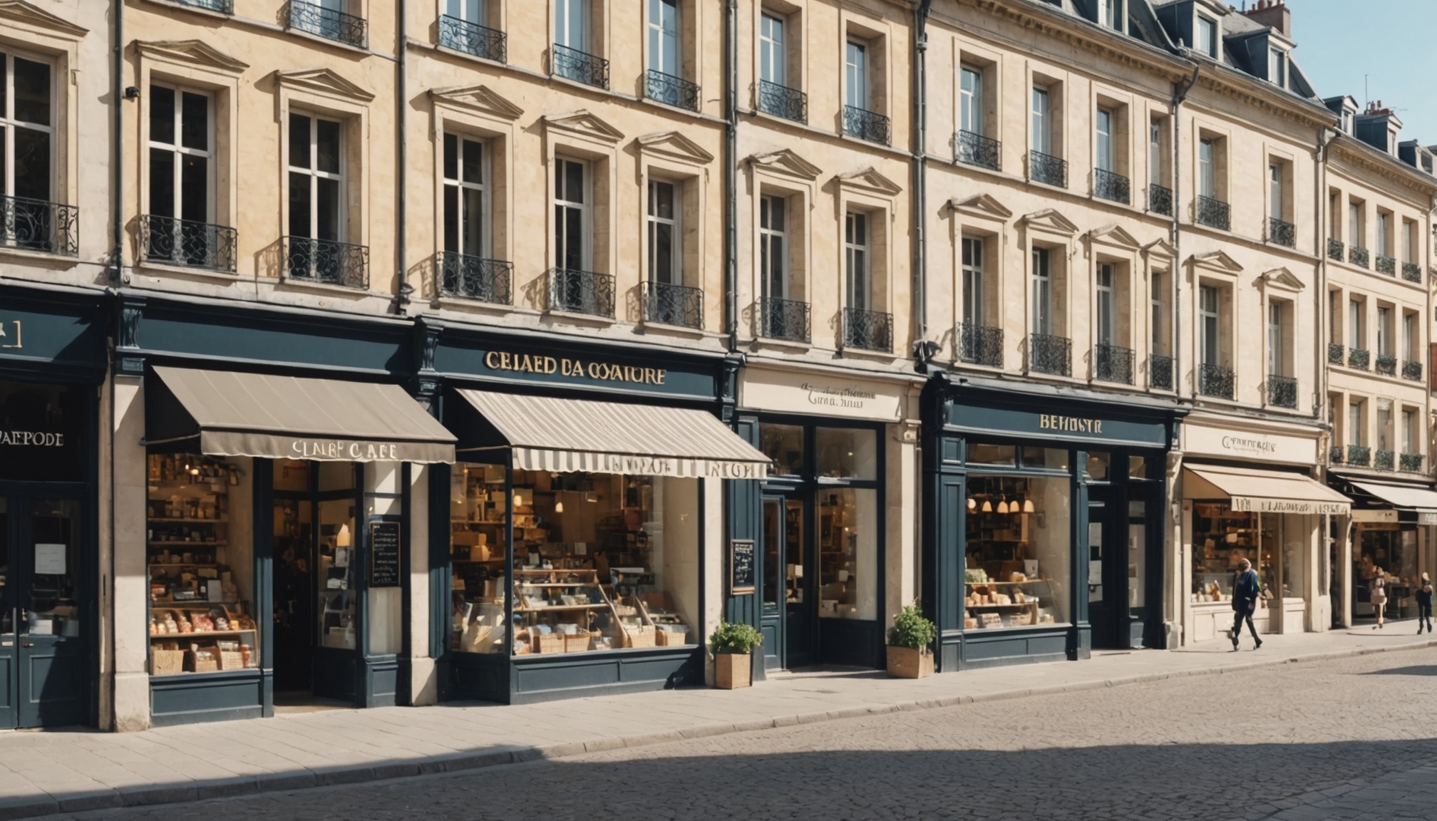 Rue commerçante de centre-ville avec caméra de vidéoprotection sur une façade