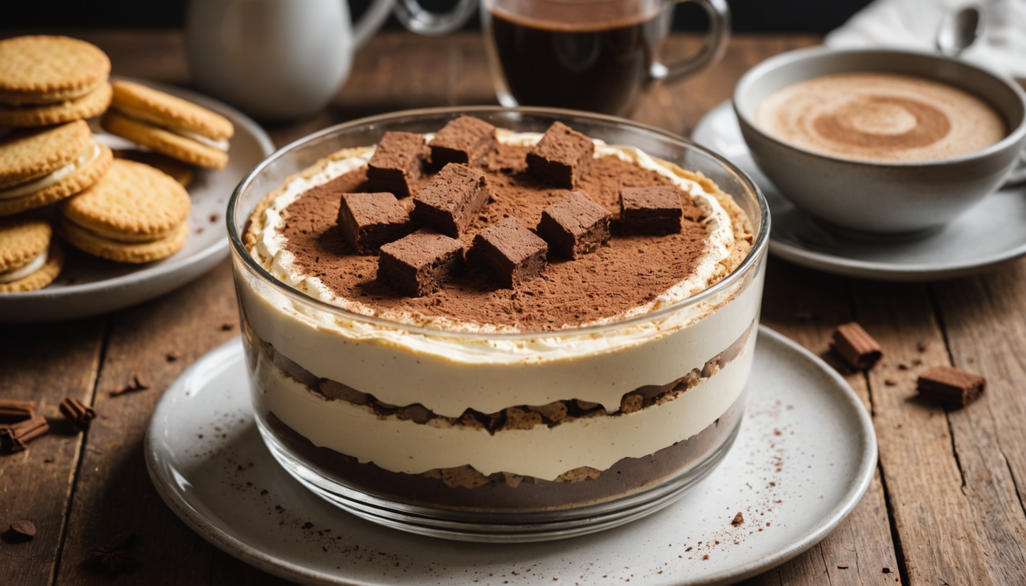 Tiramisu maison dans un plat en verre, saupoudré de cacao