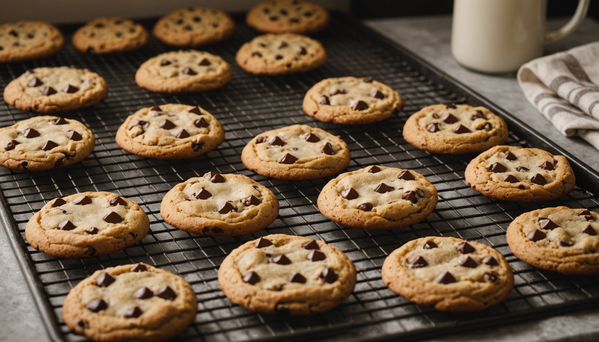 Cookies au chocolat fondants refroidissant sur une grille dans une cuisine