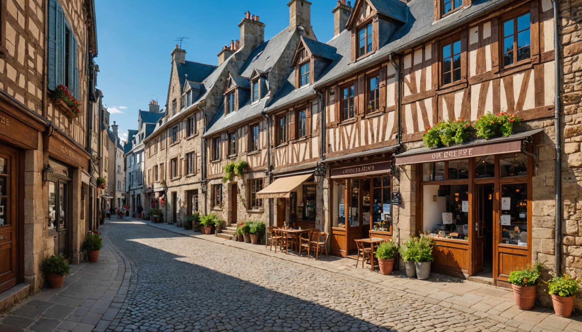 Devantures colorées de commerces indépendants dans une rue du centre-ville de Quimper