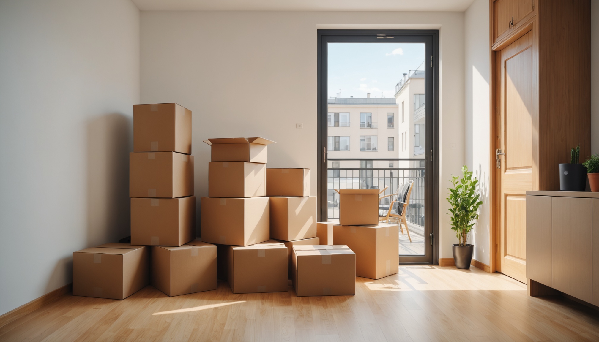 Cartons de déménagement empilés dans un salon lumineux