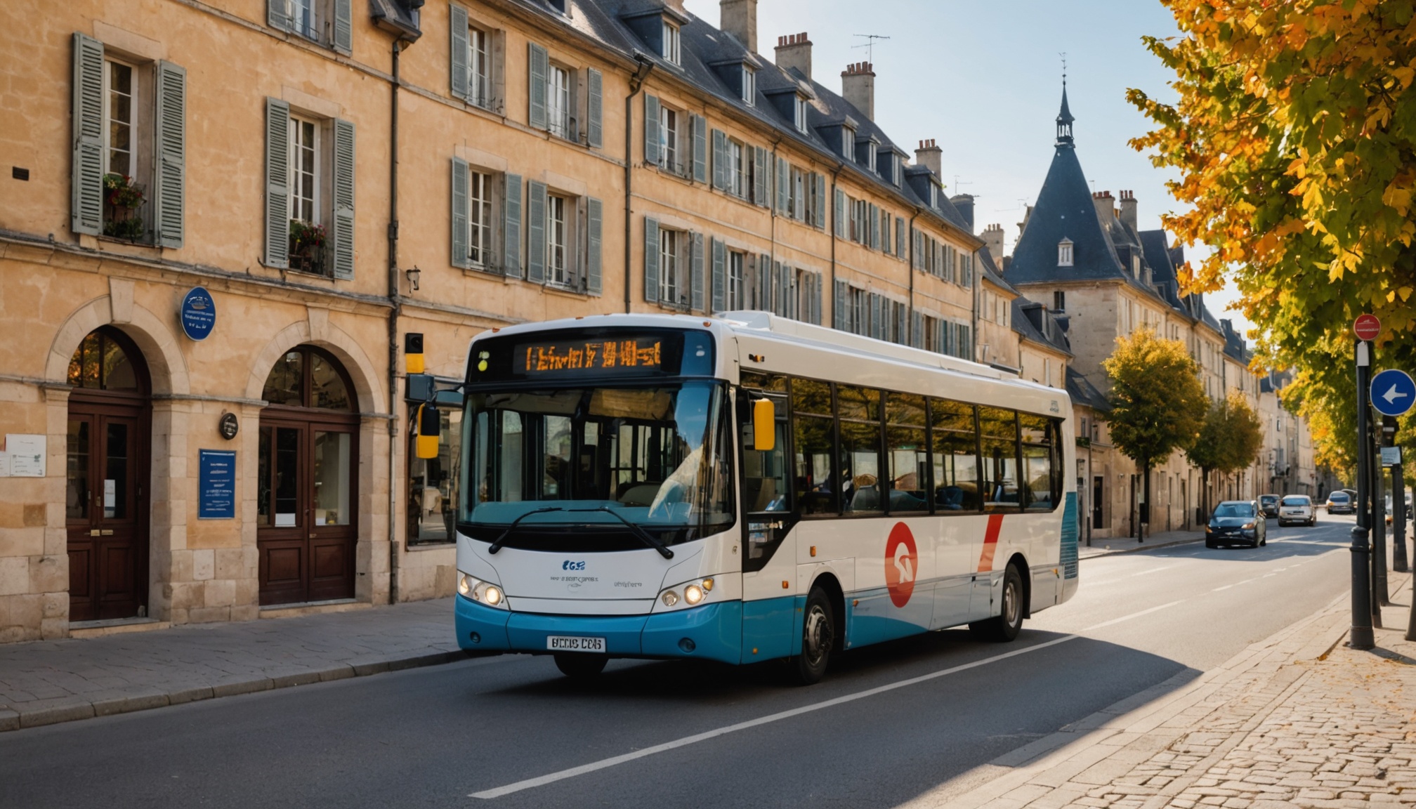 Bus urbain circulant dans une rue de ville française en automne, illustration du réseau de transport de Troyes