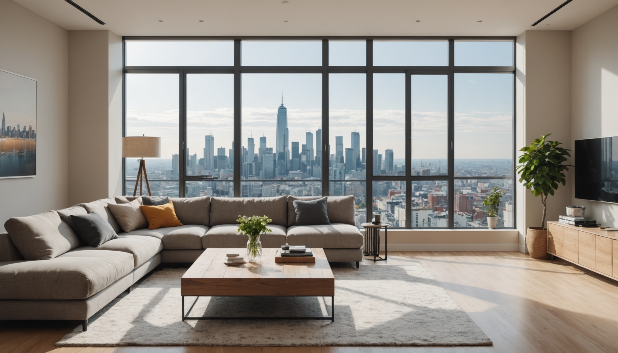 Intérieur lumineux d'un appartement avec vue sur la ville, illustration investissement locatif